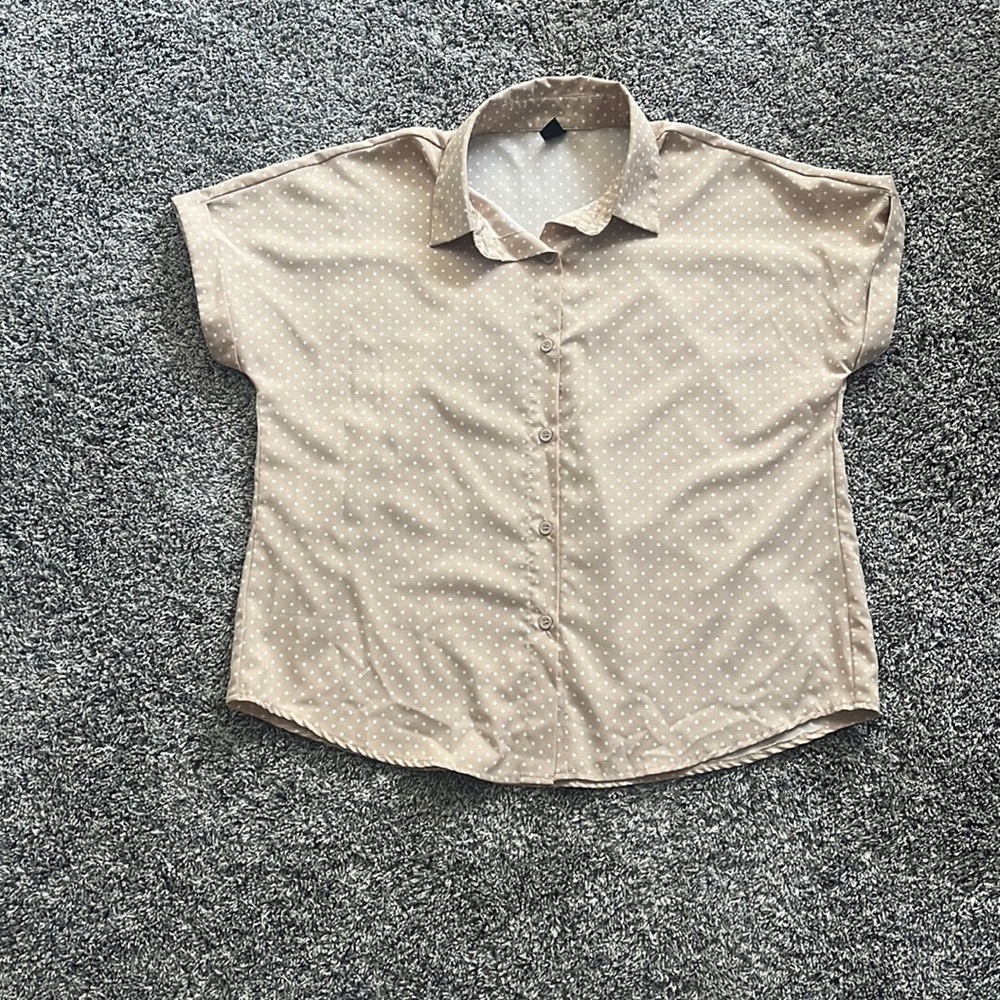 Schein Tan White Polka Dot Button Down Blouse